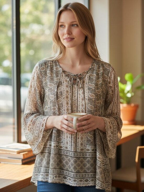 NWT Style & Co. Paisley Blouse in Cream and Brown w/Bell Sleeves Size L - Picture 1 of 9